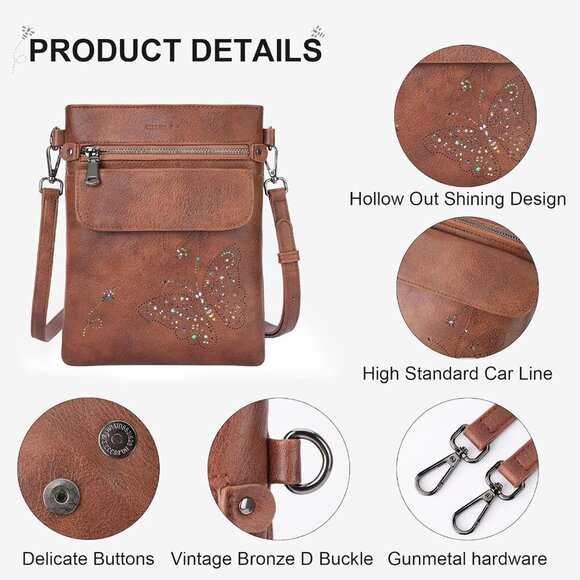 Versatile Women’s Crossbody Bag: Easy-Clean Vegan Leather with Butterfly Pattern - Picture 5 of 7